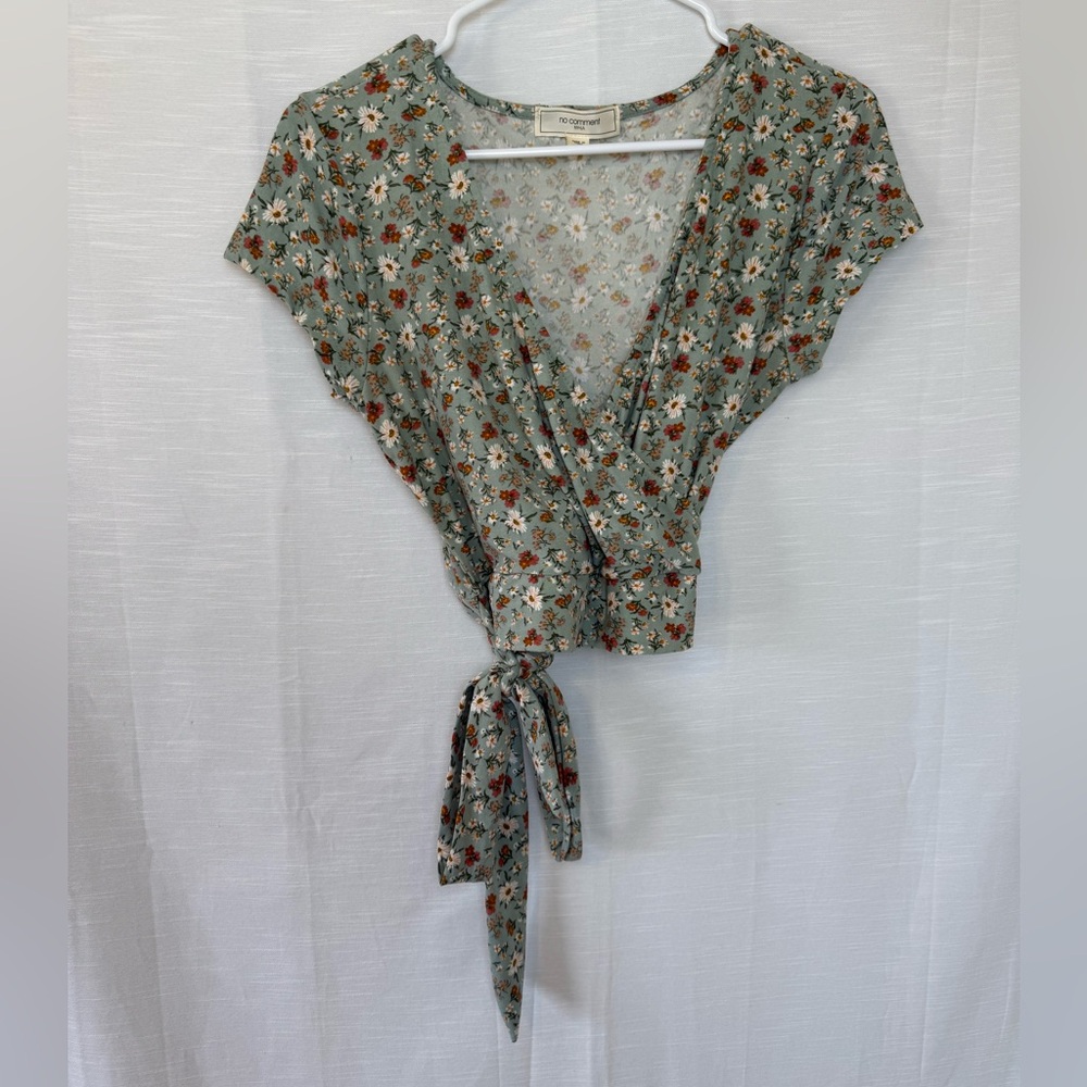 No comment Floral Wrap Blouse - Green and Brown